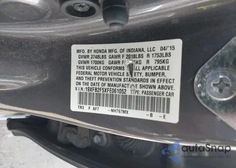 2015 Honda Civic Lx z USA, uszkodzony, nr VIN 19XFB2F5XFE061052